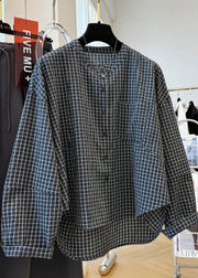 Casual Black Plaid Stand Collar Pockets Cotton Shirt Top Fall