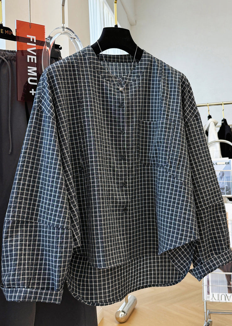 Casual Black Plaid Stand Collar Pockets Cotton Shirt Top Fall