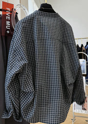 Casual Black Plaid Stand Collar Pockets Cotton Shirt Top Fall