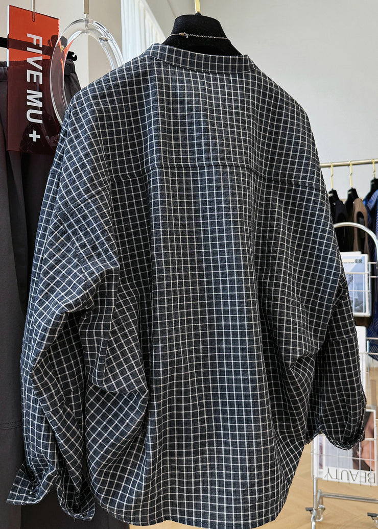 Casual Black Plaid Stand Collar Pockets Cotton Shirt Top Fall