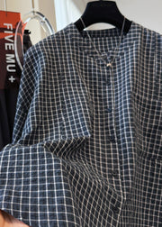 Casual Black Plaid Stand Collar Pockets Cotton Shirt Top Fall