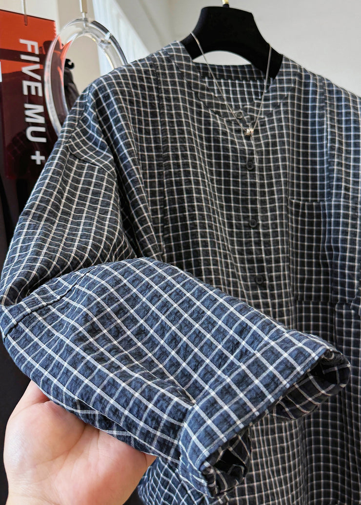 Casual Black Plaid Stand Collar Pockets Cotton Shirt Top Fall