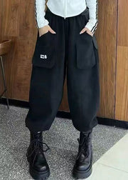 Casual Black Pockets High Waist Cotton Crop Pants Fall