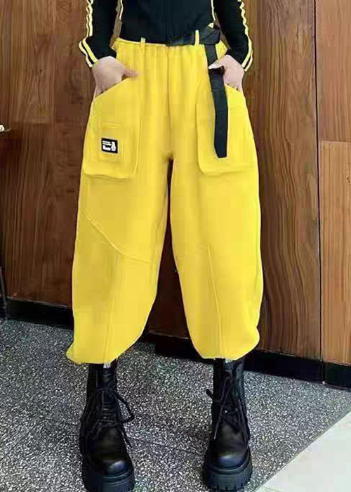 Casual Black Pockets High Waist Cotton Crop Pants Fall