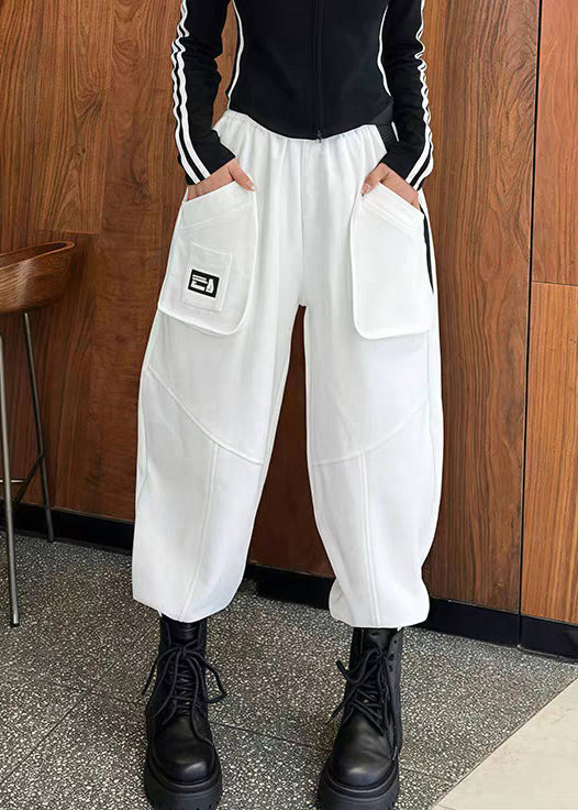 Casual Black Pockets High Waist Cotton Crop Pants Fall