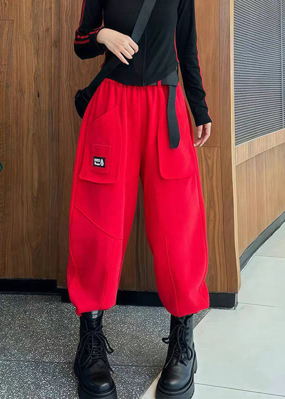 Casual Black Pockets High Waist Cotton Crop Pants Fall