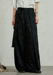 Casual Black Pockets Print High Waist Silk Pants