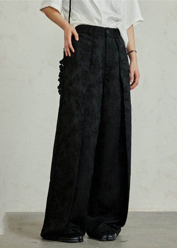 Casual Black Pockets Print High Waist Silk Pants