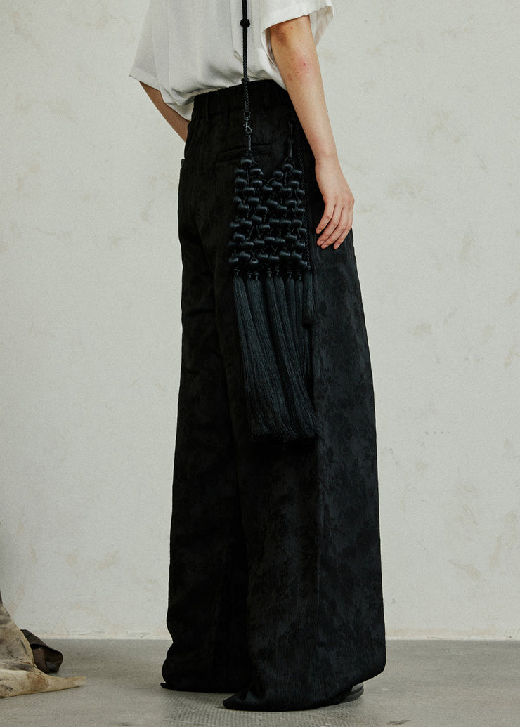 Casual Black Pockets Print High Waist Silk Pants