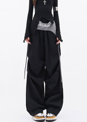 Casual Black Pockets Wrinkled Cotton Wide Leg Pants Fall