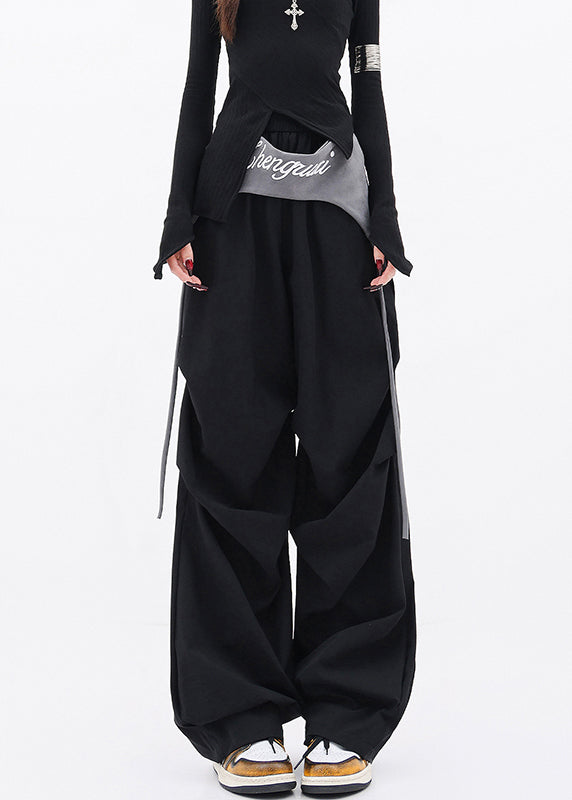 Casual Black Pockets Wrinkled Cotton Wide Leg Pants Fall