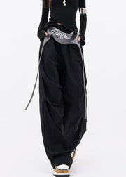 Casual Black Pockets Wrinkled Cotton Wide Leg Pants Fall