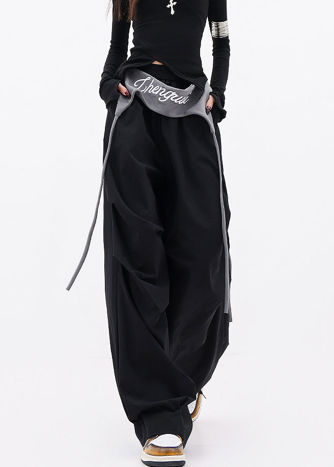 Casual Black Pockets Wrinkled Cotton Wide Leg Pants Fall
