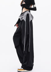 Casual Black Pockets Wrinkled Cotton Wide Leg Pants Fall