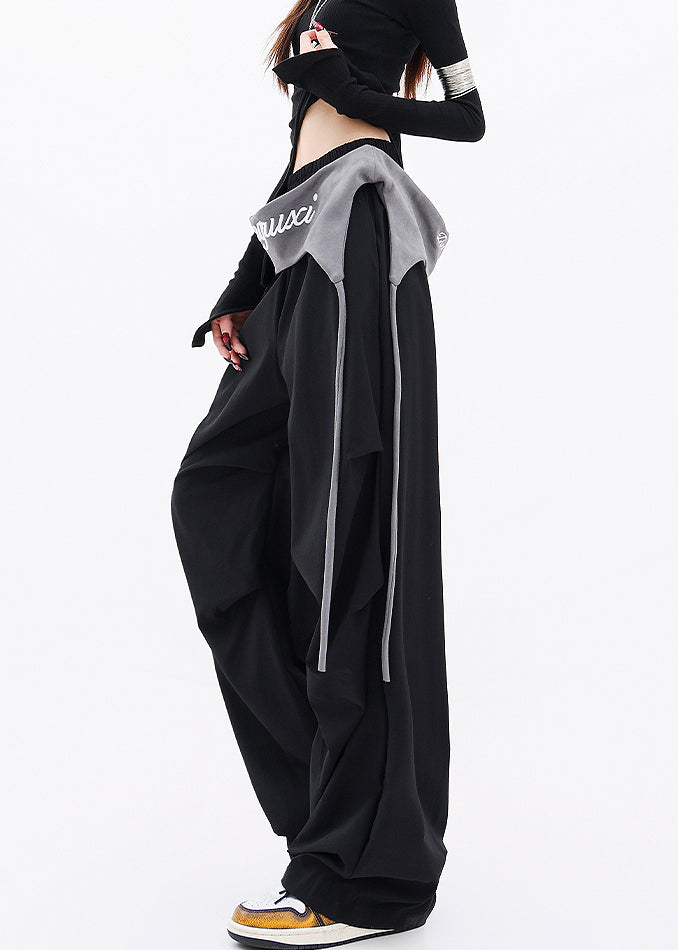 Casual Black Pockets Wrinkled Cotton Wide Leg Pants Fall