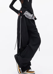 Casual Black Pockets Wrinkled Cotton Wide Leg Pants Fall