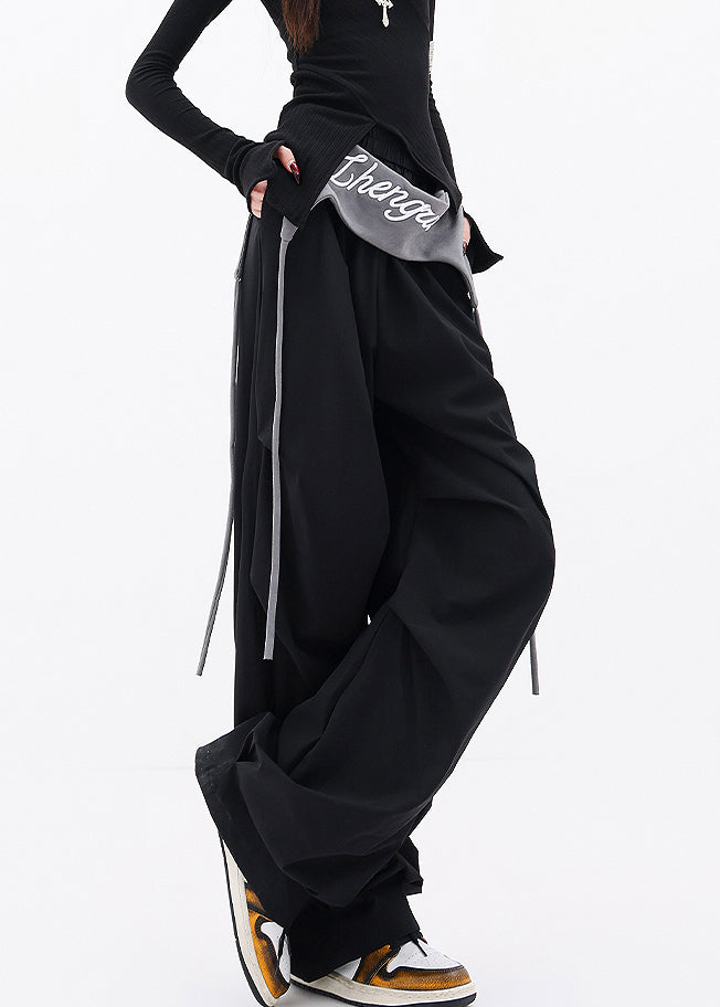 Casual Black Pockets Wrinkled Cotton Wide Leg Pants Fall