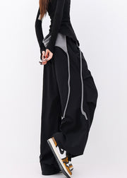 Casual Black Pockets Wrinkled Cotton Wide Leg Pants Fall