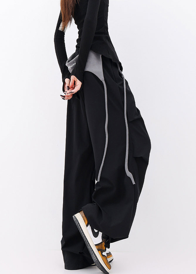 Casual Black Pockets Wrinkled Cotton Wide Leg Pants Fall