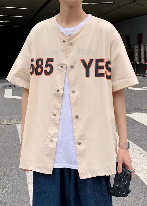 Casual Black Print Button Cotton Men Shirts Summer
