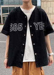 Casual Black Print Button Cotton Men Shirts Summer