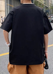 Casual Black Print Button Cotton Men Shirts Summer