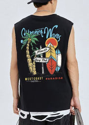 Casual Black Print Cozy Cotton Graphic Tees Men Sleeveless
