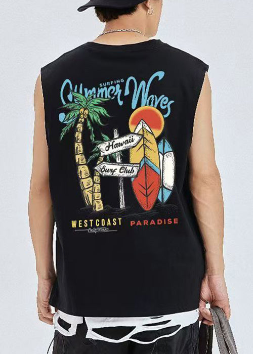 Casual Black Print Cozy Cotton Graphic Tees Men Sleeveless