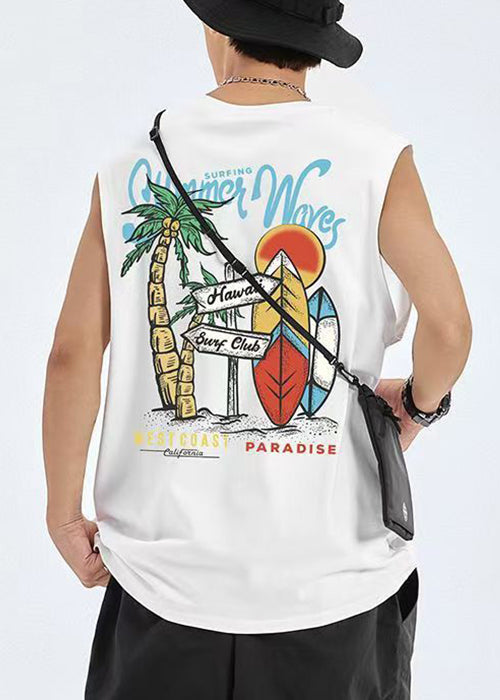 Casual Black Print Cozy Cotton Graphic Tees Men Sleeveless