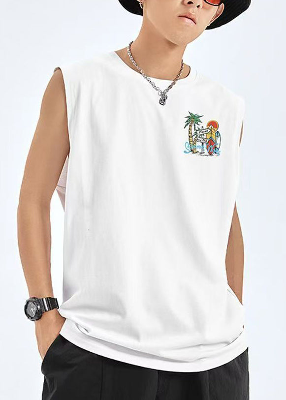 Casual Black Print Cozy Cotton Graphic Tees Men Sleeveless