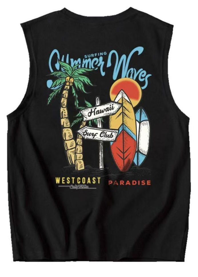 Casual Black Print Cozy Cotton Graphic Tees Men Sleeveless