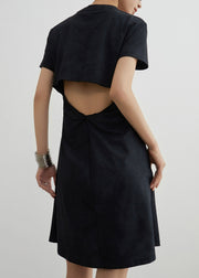 Casual Black Print Hollow Out Cotton T Shirt Dresses Summer