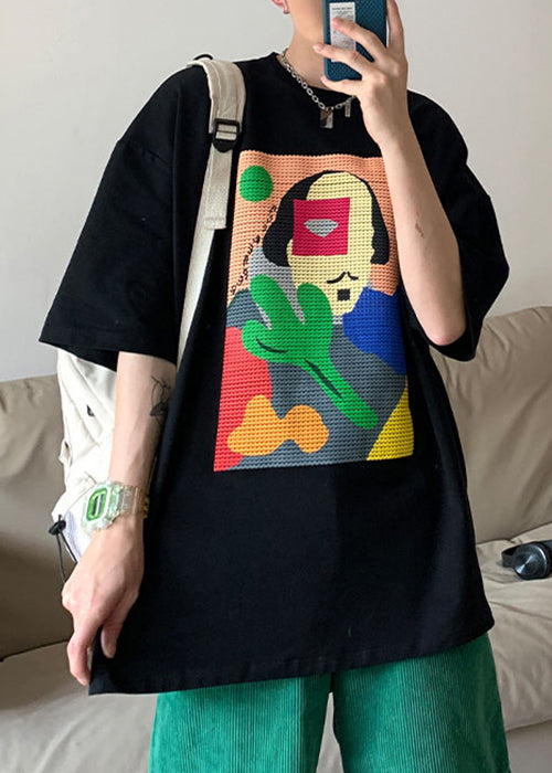 Casual Black Print Oversized Cotton Mens T Shirts Summer