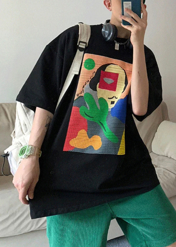 Casual Black Print Oversized Cotton Mens T Shirts Summer
