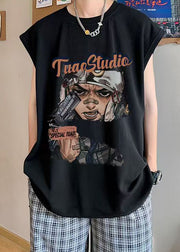 Casual Black Print Oversized Cotton Mens Tanks Summer
