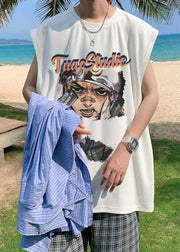 Casual Black Print Oversized Cotton Mens Tanks Summer
