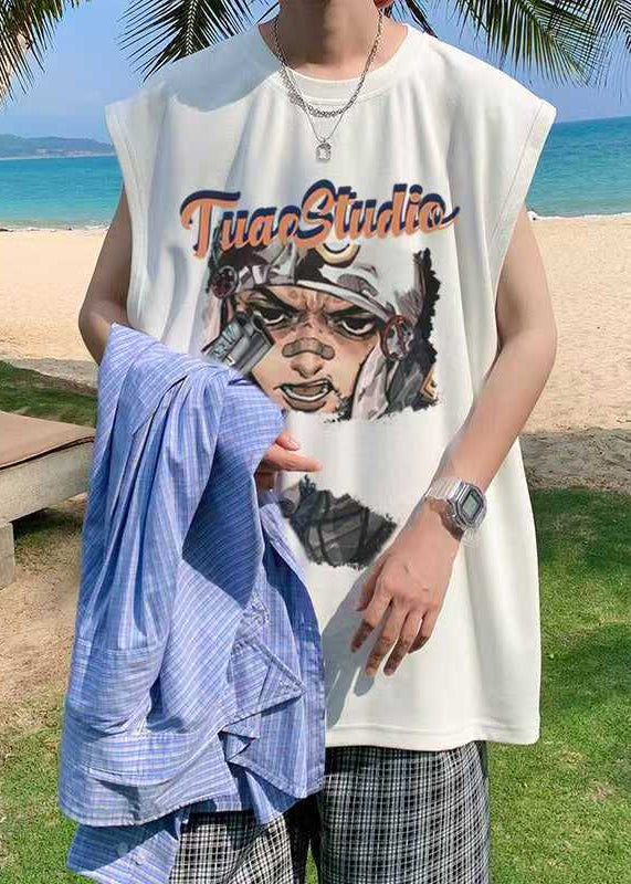 Casual Black Print Oversized Cotton Mens Tanks Summer