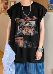 Casual Black Print Oversized Cotton Mens Tanks Summer