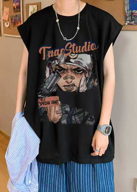 Casual Black Print Oversized Cotton Mens Tanks Summer