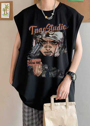 Casual Black Print Oversized Cotton Mens Tanks Summer
