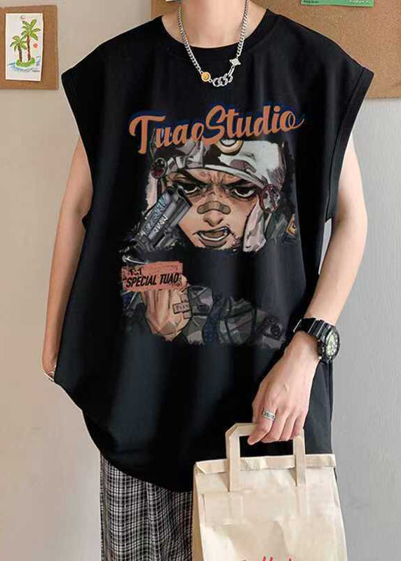 Casual Black Print Oversized Cotton Mens Tanks Summer