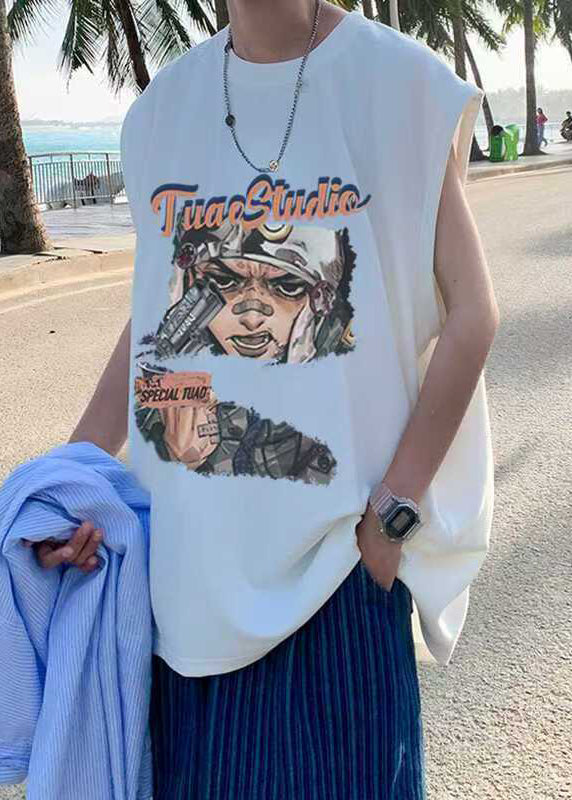 Casual Black Print Oversized Cotton Mens Tanks Summer