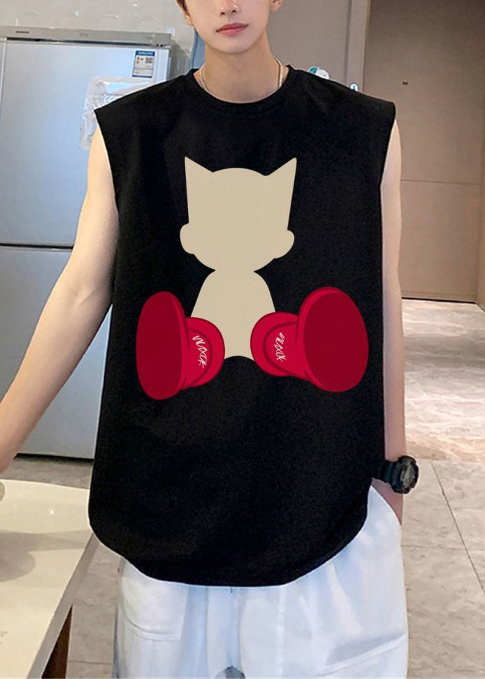 Casual Black Print Oversized Cotton Tank Men Sleeveless