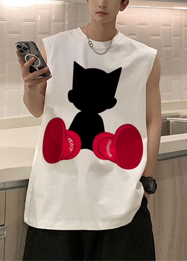 Casual Black Print Oversized Cotton Tank Men Sleeveless