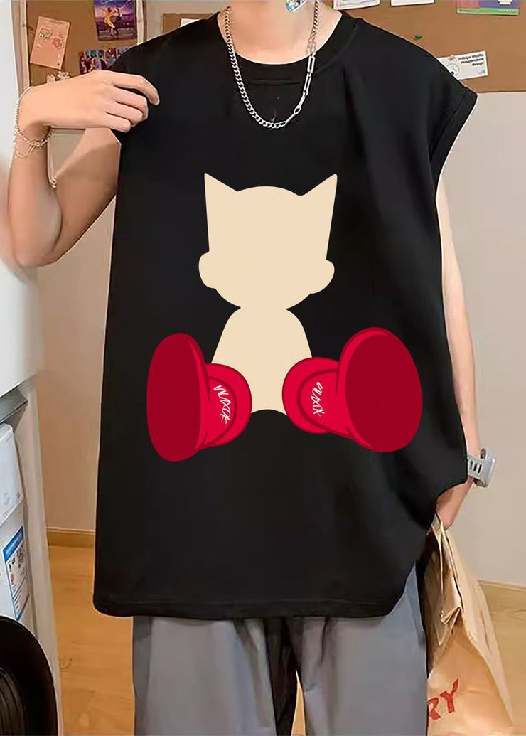 Casual Black Print Oversized Cotton Tank Men Sleeveless