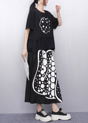 Casual Black Print Patchwork Cotton Two Pieces Set Summer