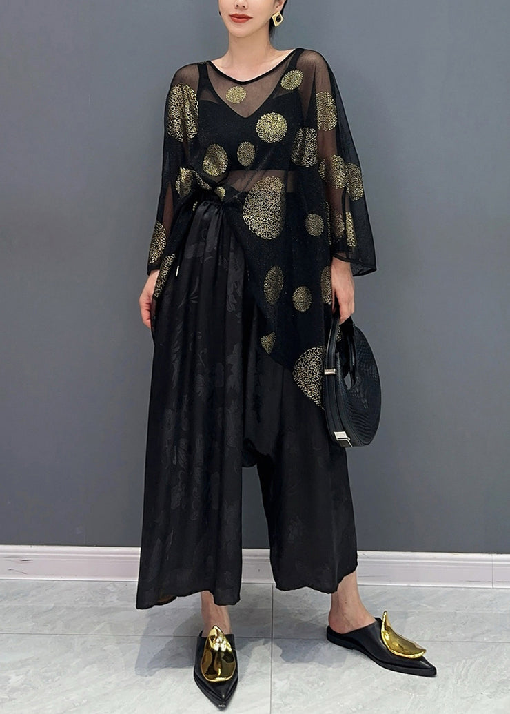 Casual Black Print Silk T Shirts And Crop Pants Two Piece Set Bracelet Sleeve