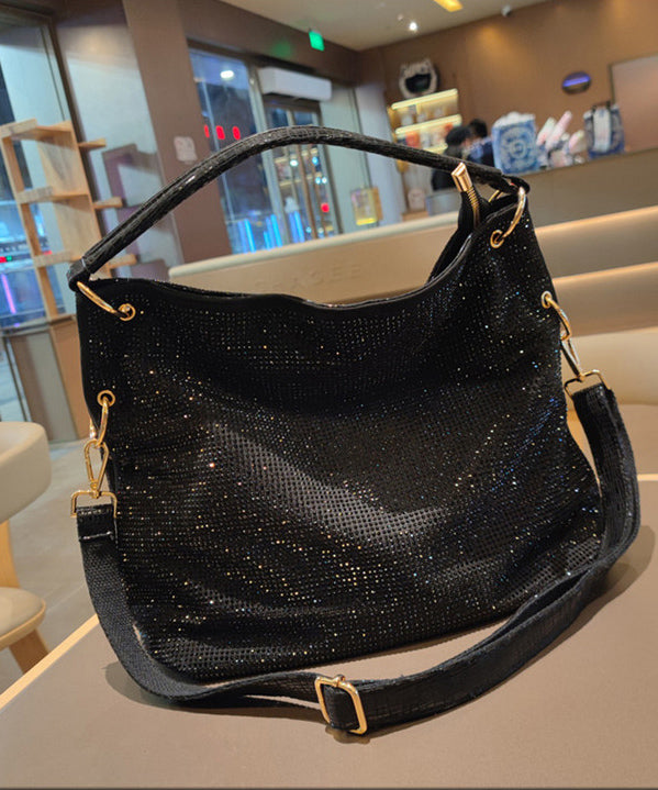 Casual Black Rhinestone Solid Durable Faux Leather Womens Shoulder Bags