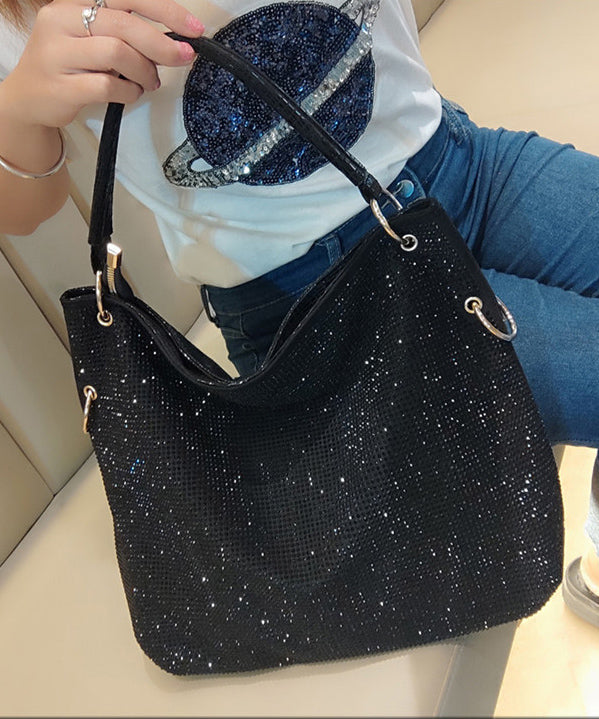 Casual Black Rhinestone Solid Durable Faux Leather Womens Shoulder Bags