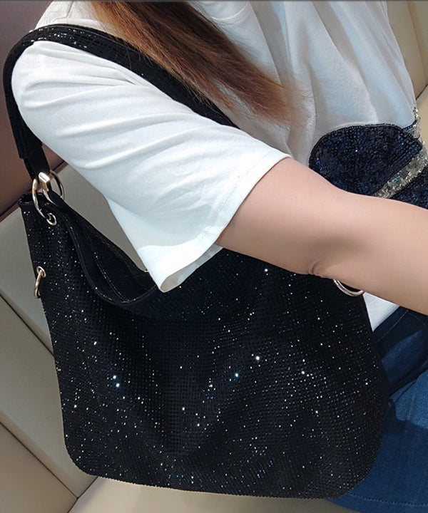 Casual Black Rhinestone Solid Durable Faux Leather Womens Shoulder Bags